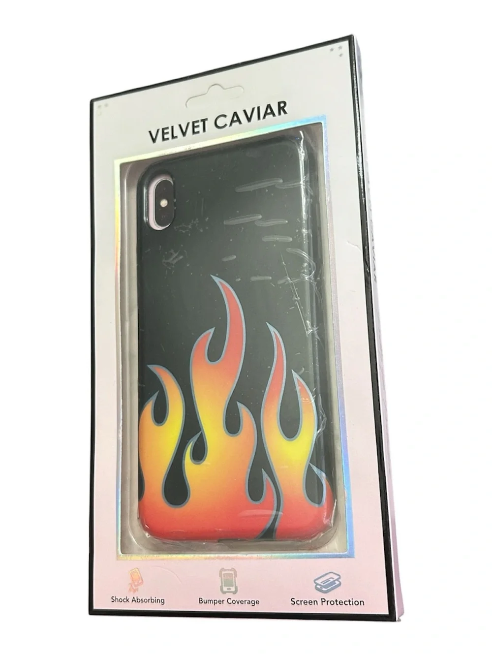Velvet Caviar Black Phone Case with Yellow-Orange Flame Design